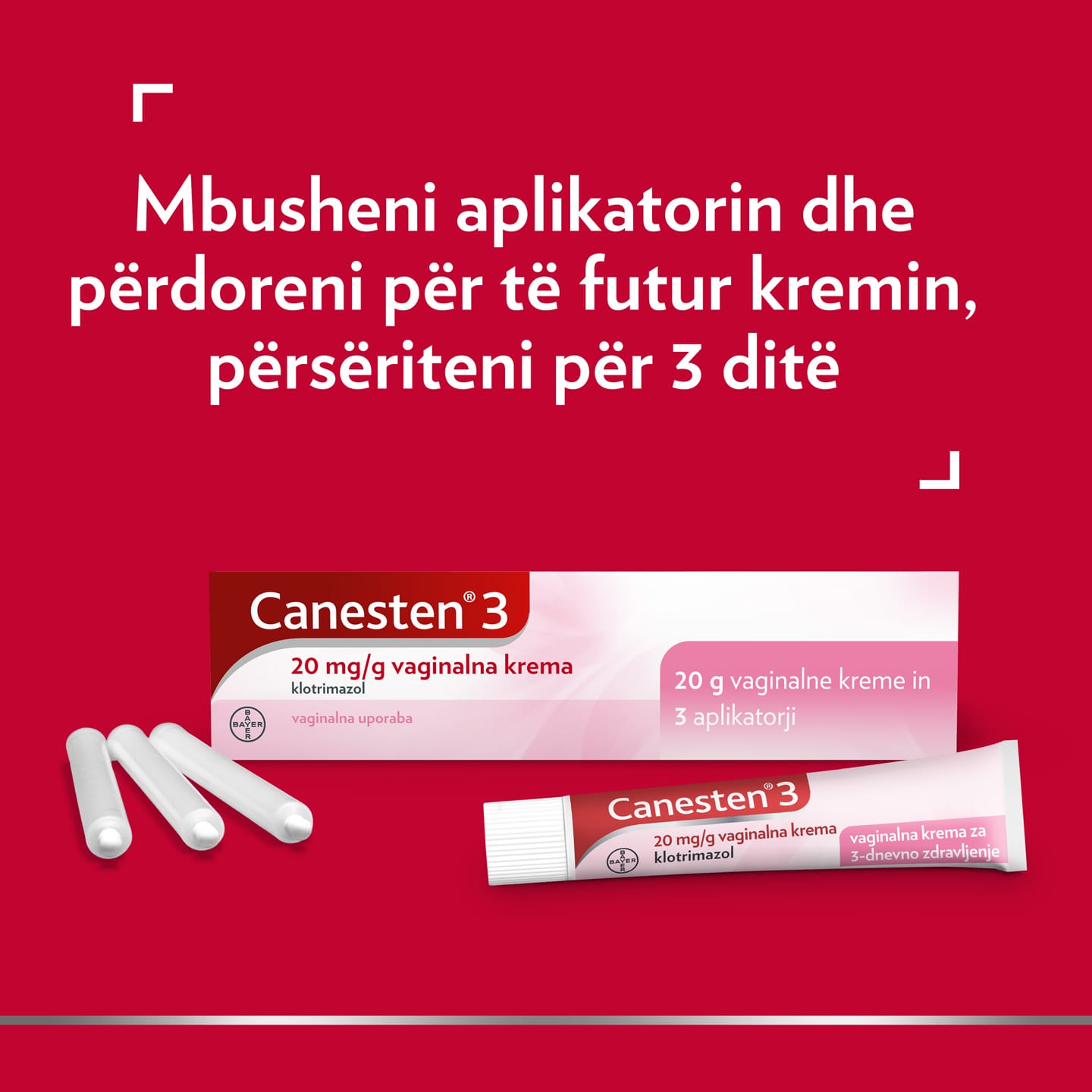 Canesten® 3 20 mg/g krem vaginal për mjekim të kandidozës, me titull në pjesën e sipërme: Mbushni aplikatorin dhe përdoreni për të vendosur kremin, përsëriteni për 3 ditë