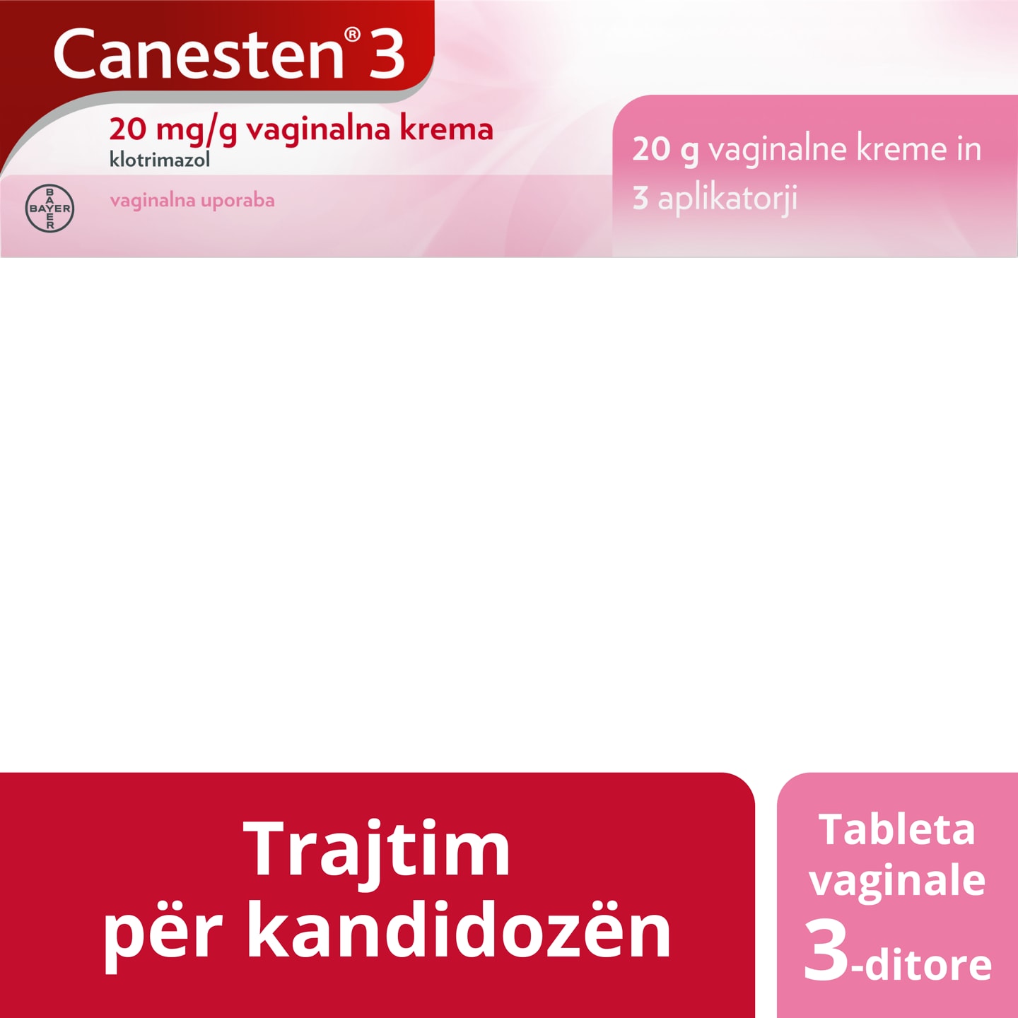 Krem për trajtim 3-ditor të kandidozës: Canesten® 3 20 mg/g krem vaginal për mjekim të kandidozës dhe aplikatorët