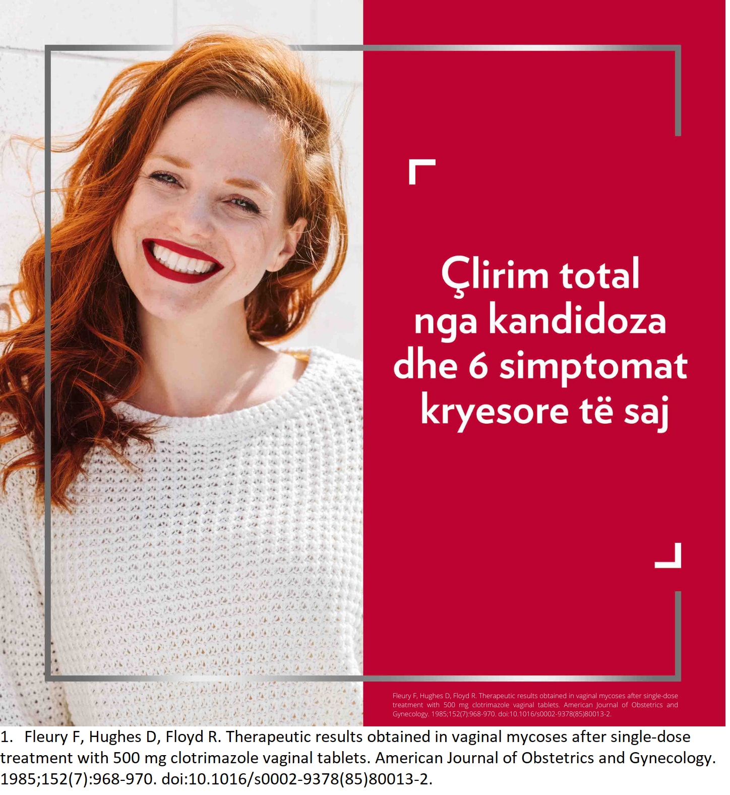 Smiling red-haired woman, with caption on the right side of picture: Effective relief from thrush and its 6 main symptoms1